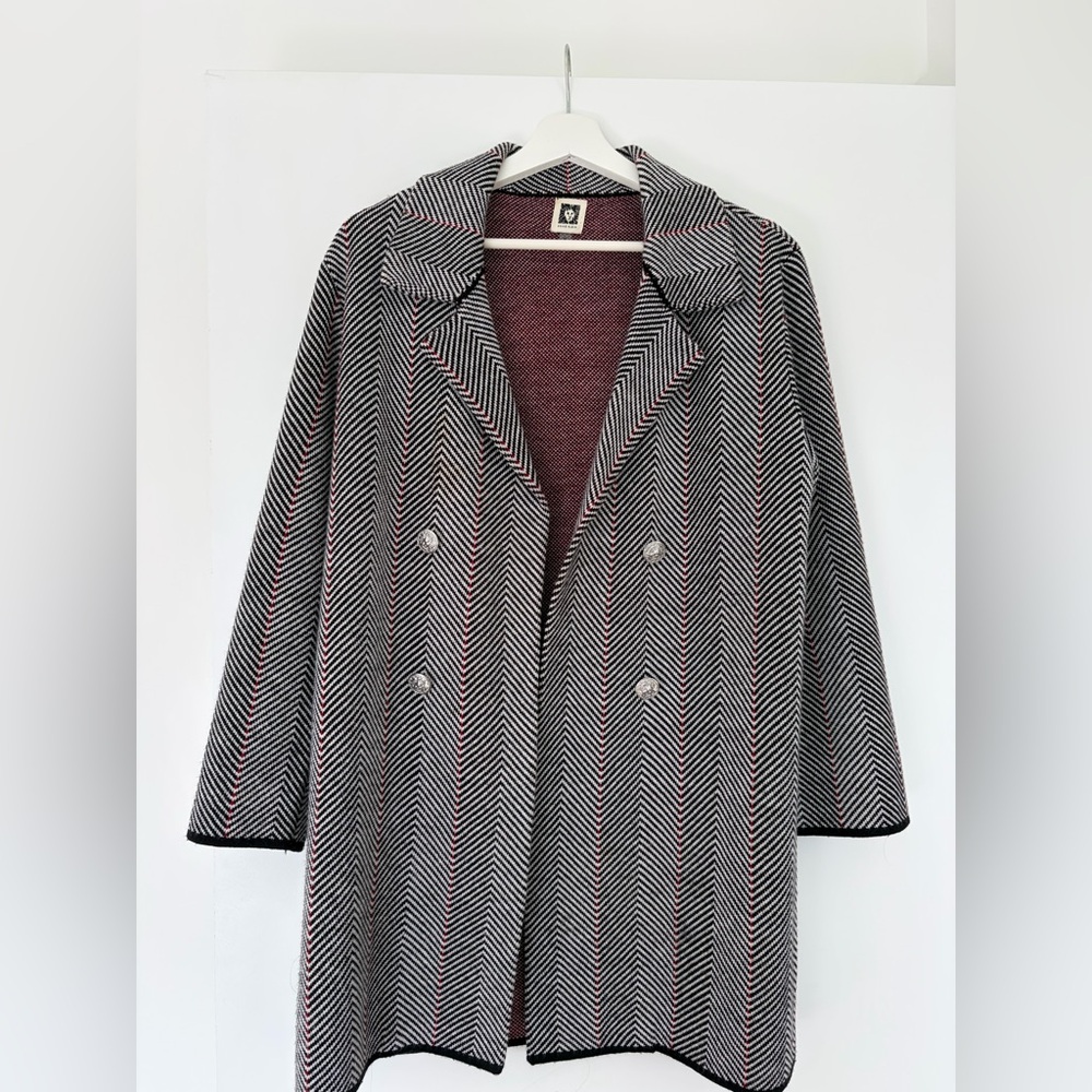 Anne Klein Black and White Herringbone Pea Coat